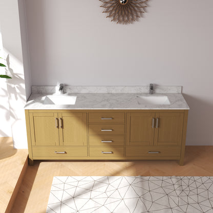 Medunjess 60" 84" Natural Wood Bathroom Vanity with Quartz Top