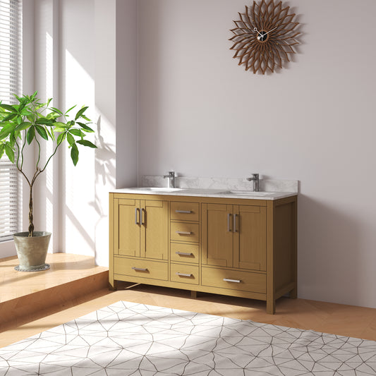 Medunjess 60" 84" Natural Wood Bathroom Vanity with Quartz Top