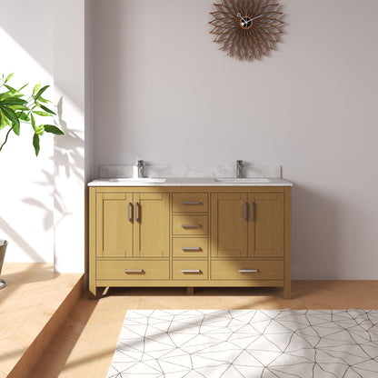 Medunjess 60" 84" Natural Wood Bathroom Vanity with Quartz Top