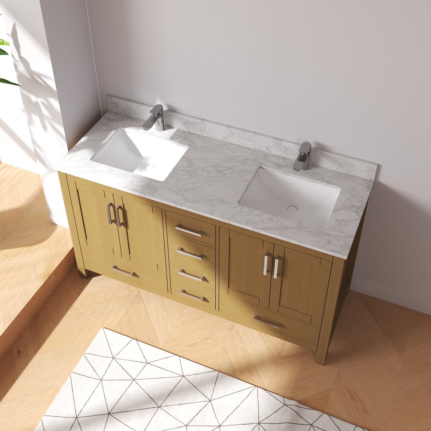 Medunjess 60" 84" Natural Wood Bathroom Vanity with Quartz Top