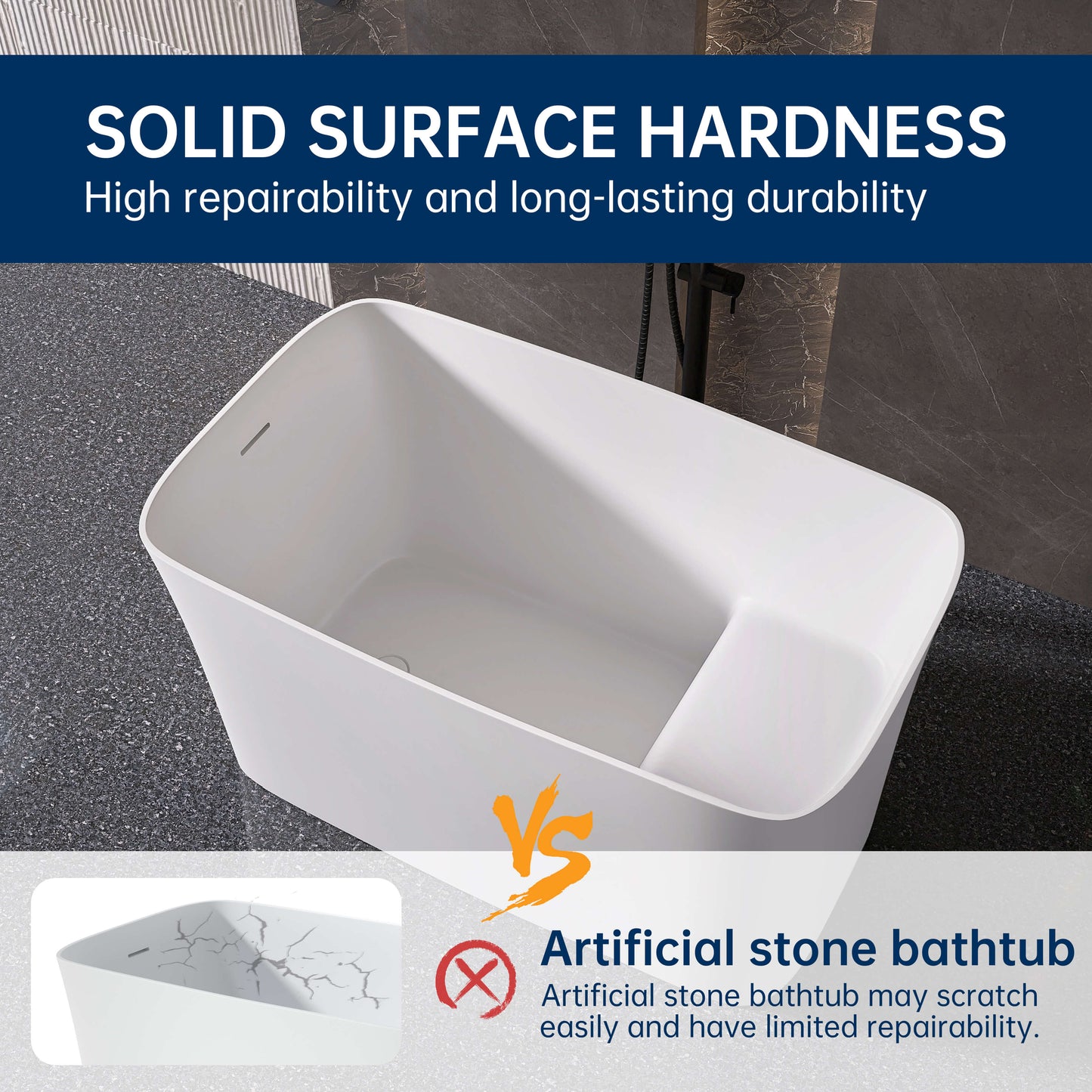 Medunjess 47'' Japanese Freestanding Tub With Seat Solid Surface Rectangular Soaking Bathtub