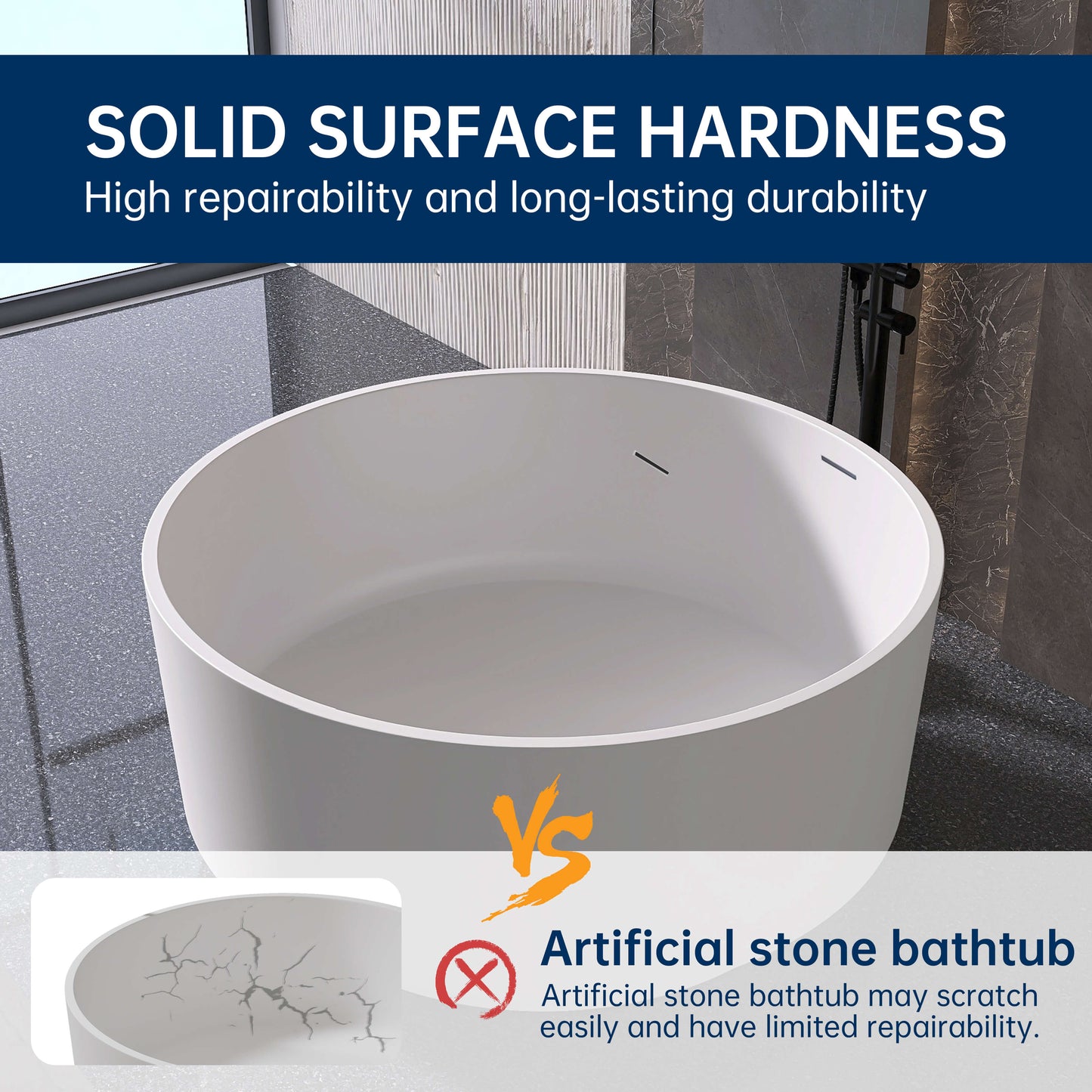 Medunjess 49" Eco-Friendly Round Resin Stone Bathtub