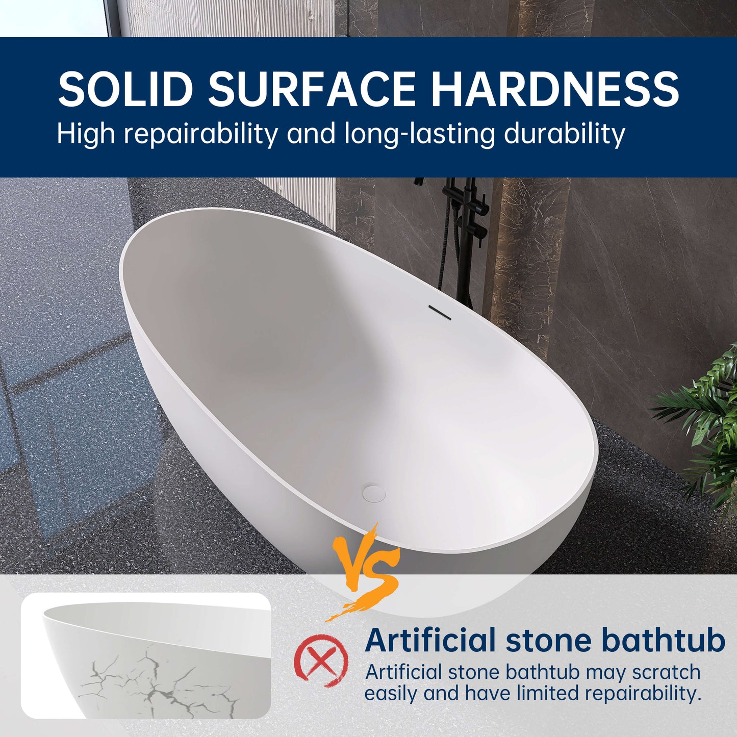 Medunjess 71" Freestanding Tub Solid Surface Resin Stone Freestanding Soaking Bathtub