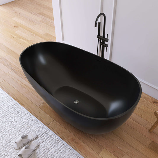 Medunjess 59'' Freestanding Tub Solid Surface Egg Shape Freestanding Soaking Tub,Black