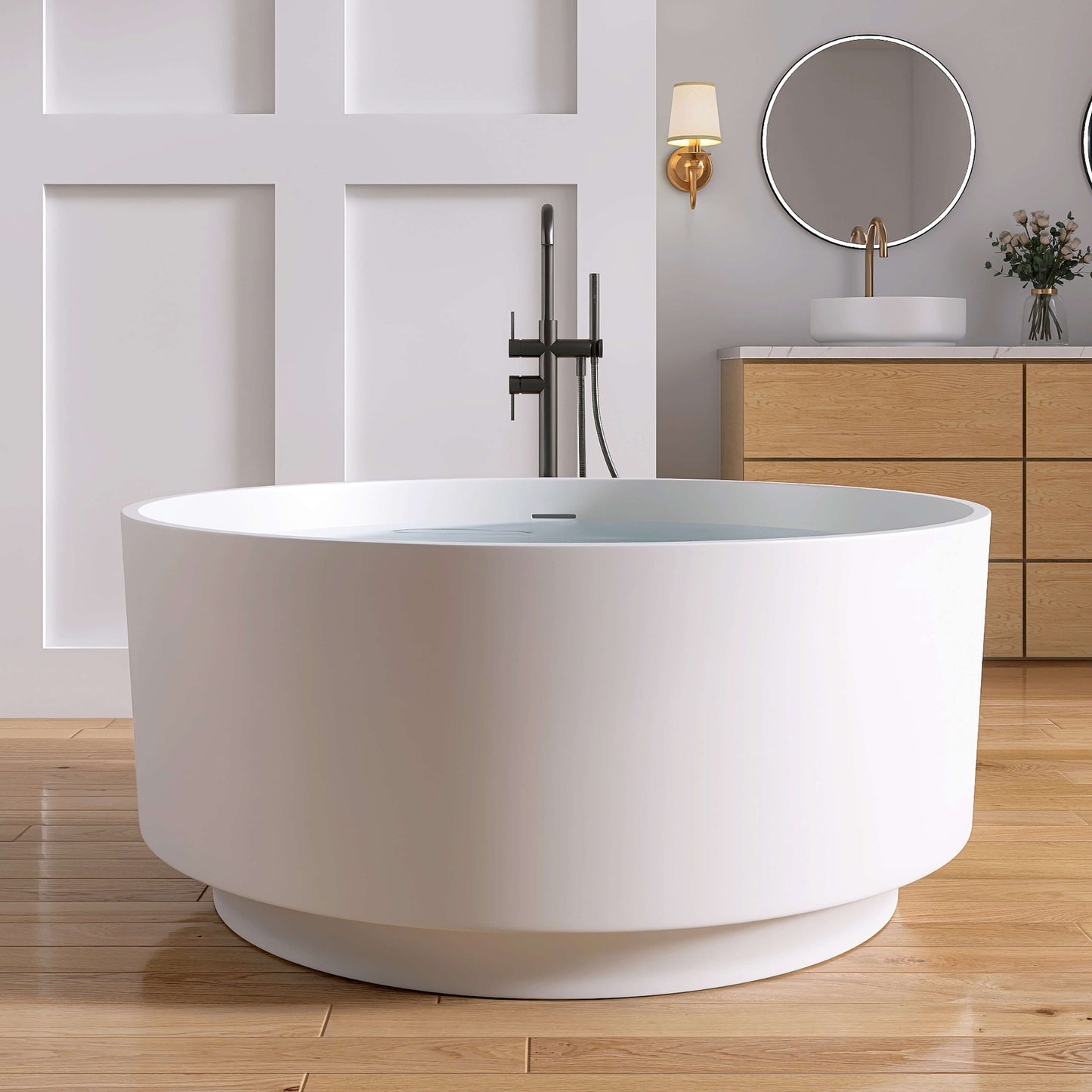 Medunjess 49" Round Solid Surface Freestanding Soaking Tub for Small Bathrooms