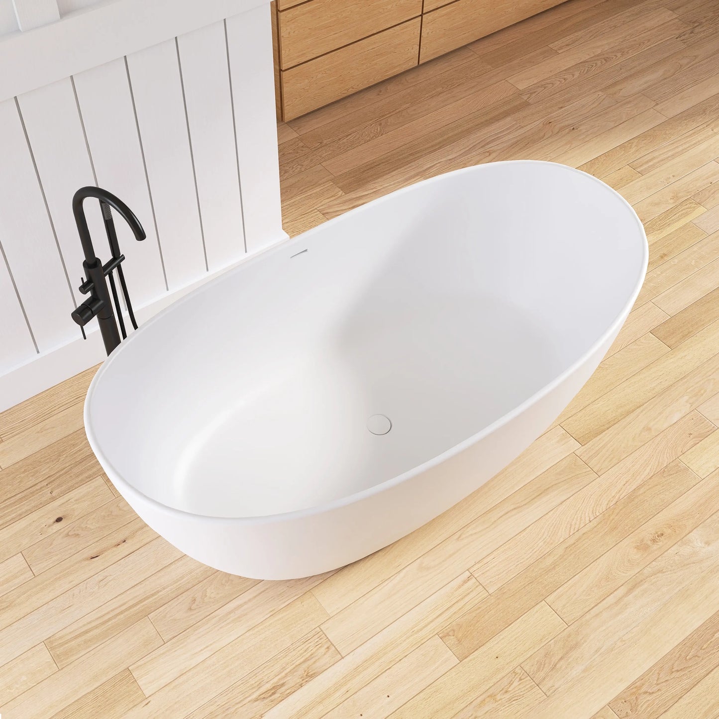 Medunjess 65'' Freestanding Bathtub Solid Surface Deep Soaking Tubs Double Slippers