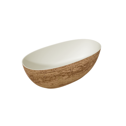 MEDUNJESS 63" Minimalist Travertine Solid Surface Boat-Shaped Freestanding Bathtub
