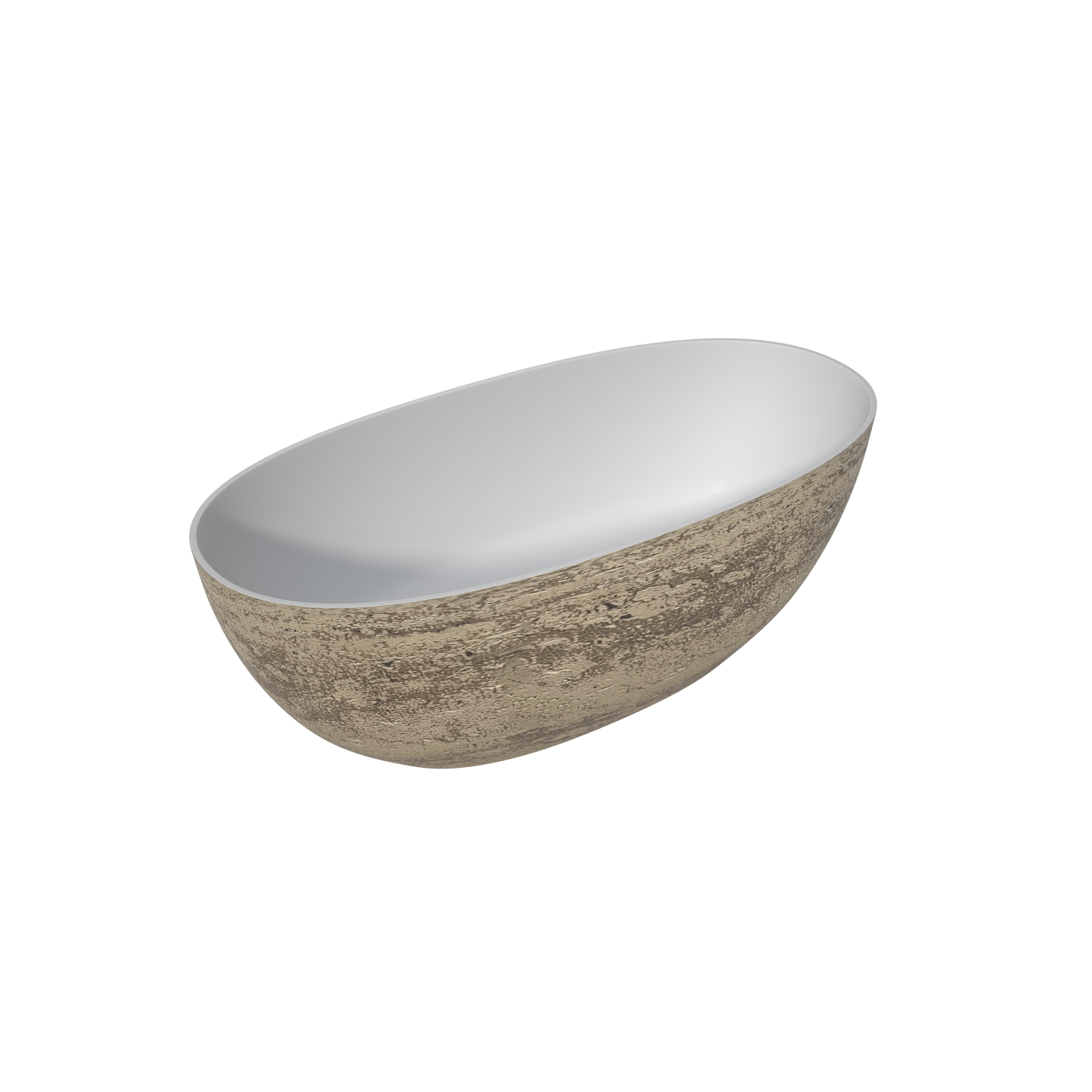 MEDUNJESS 63" Minimalist Travertine Solid Surface Boat-Shaped Freestanding Bathtub