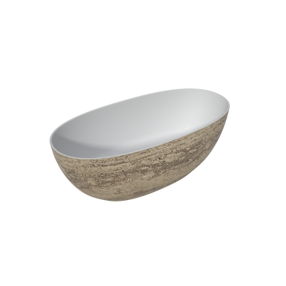MEDUNJESS 63" Minimalist Travertine Solid Surface Boat-Shaped Freestanding Bathtub