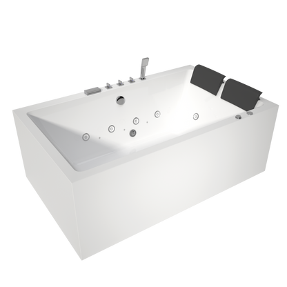Medunjess 71" 3-Sided Apron Acrylic Whirlpool Hydromassage Bathtub with 12 Jets, Air Switch, Square 5-Piece Faucet Set, Dual Black Pillows