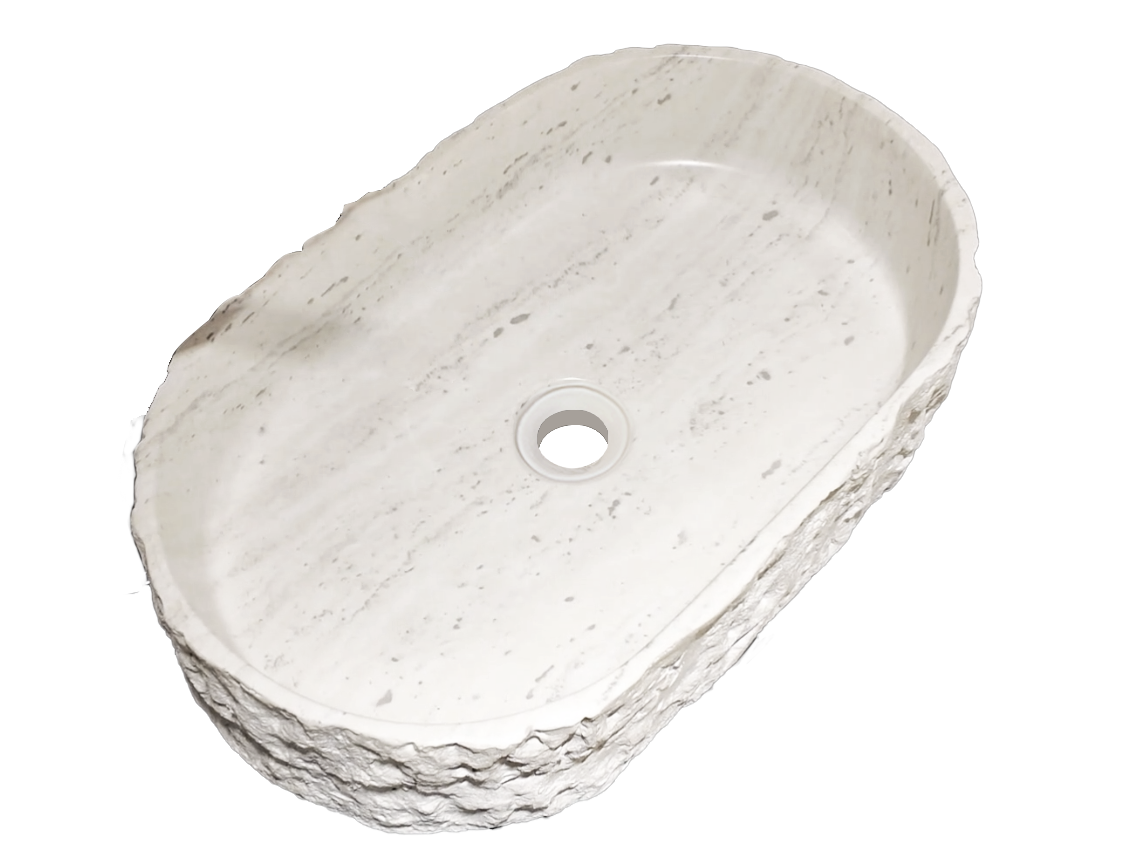 Medunjess 23" Oval Modern Chiseled Rock Face Above-Counter Bathroom Vanity Basin - Off-White Travertine Look