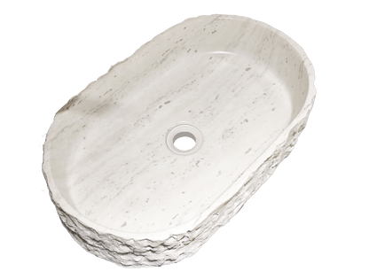 Medunjess 23" Oval Modern Chiseled Rock Face Above-Counter Bathroom Vanity Basin - Off-White Travertine Look