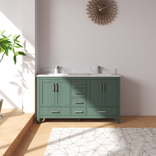 Medunjess 60" Green Wood Double Sink Bathroom Vanity with Quartz Top
