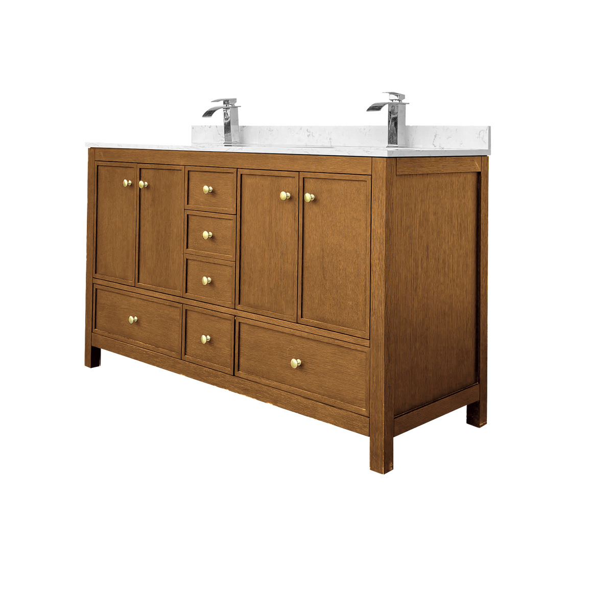 Medunjess 60" Freestanding Double Sink Bathroom Vanity Set with Engineered Stone Countertop & Dual Hardware Options - Natural Oak