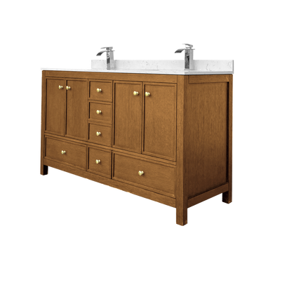 Medunjess 60" Freestanding Double Sink Bathroom Vanity Set with Engineered Stone Countertop & Dual Hardware Options - Natural Oak