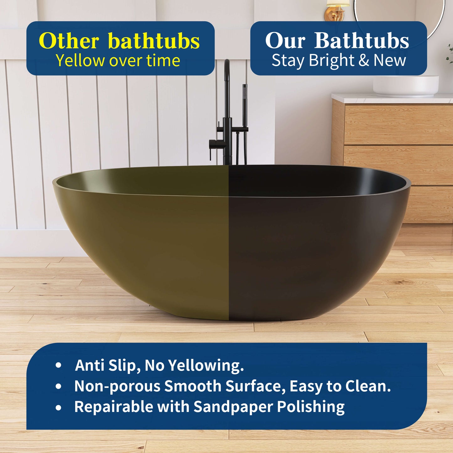 Medunjess 59'' Freestanding Tub Solid Surface Egg Shape Freestanding Soaking Tub,Black