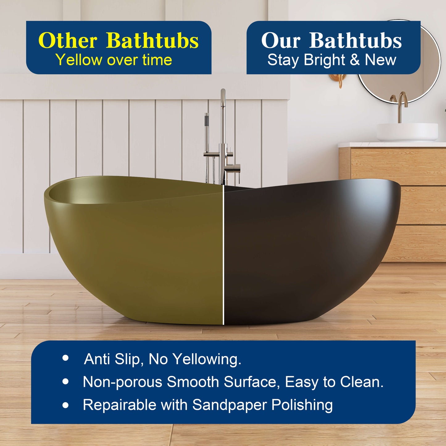 Medunjess 63" Wavy Freestanding Tub Solid Surface Freestadning Stone Resin Soaking Bathtub