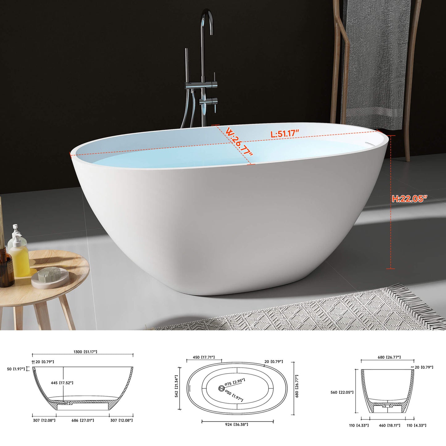 Medunjess 51''Freestanding compact soaking tub Solid surface design