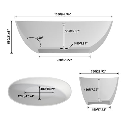 Medunjess 65" White Oval Luxury Freestanding Solid Surface Resin Stone Soaking Tub