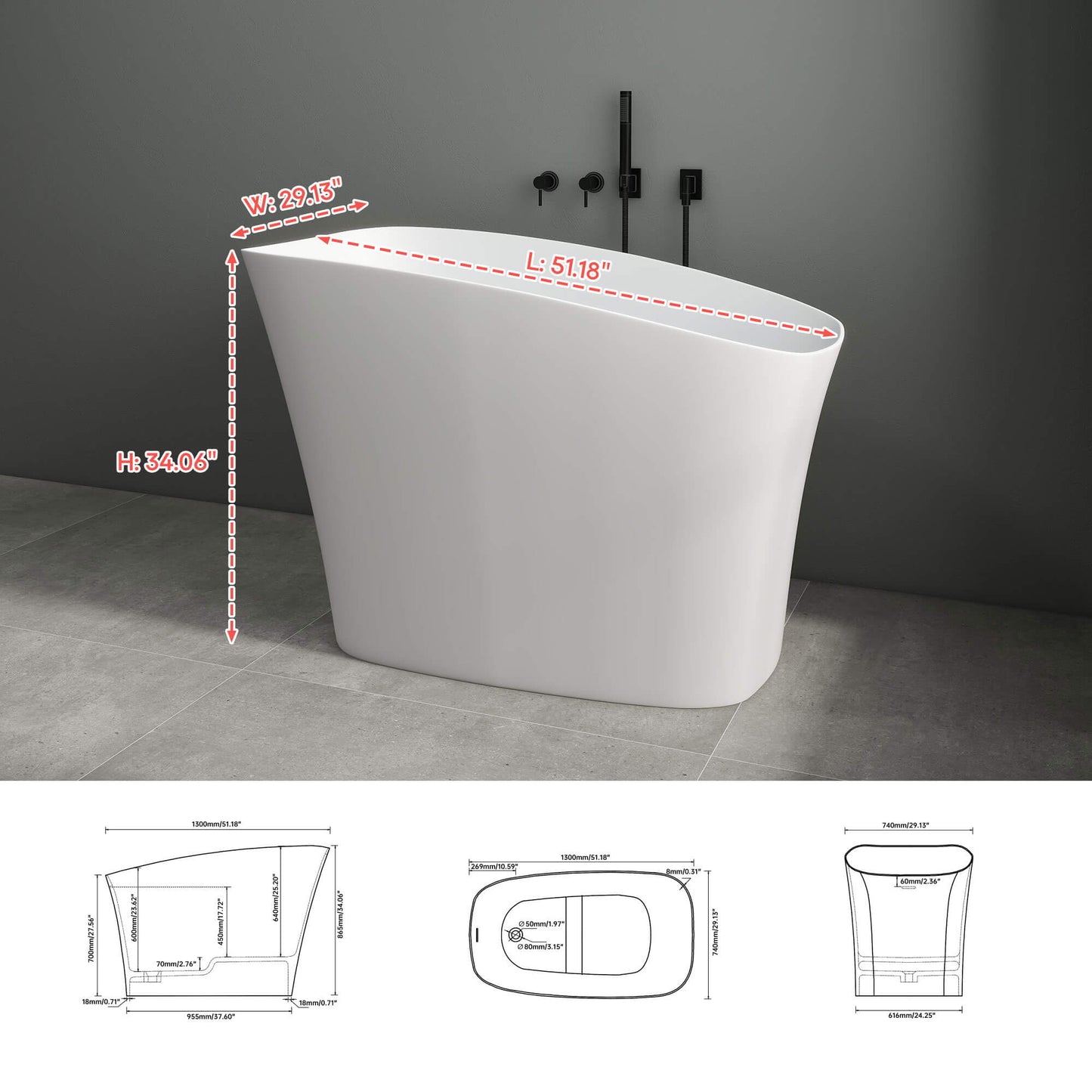 Medunjess 51" Japanese Soaking Tub Freestanding ECO-Friendly