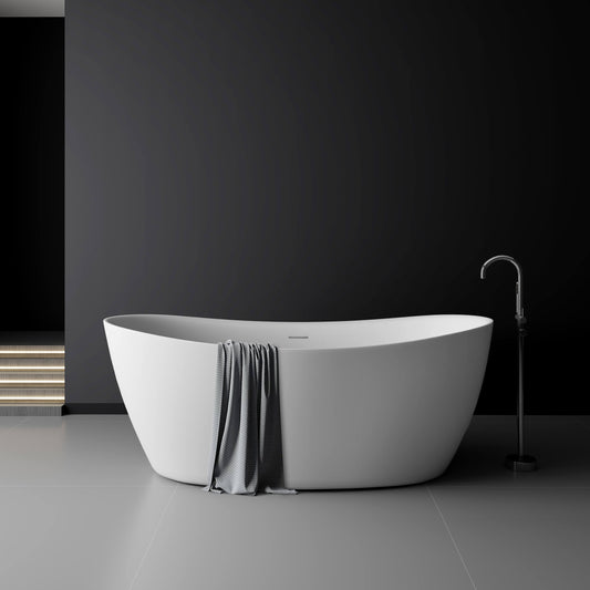 Medunjess 65'' Freestanding Bathtub Solid Surface Deep Soaking Tubs Double Slippers
