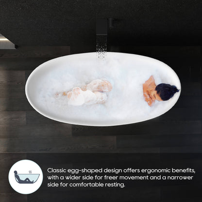 Medunjess 65'' Freestanding Bathtub Solid Surface Deep Soaking Tubs Double Slippers