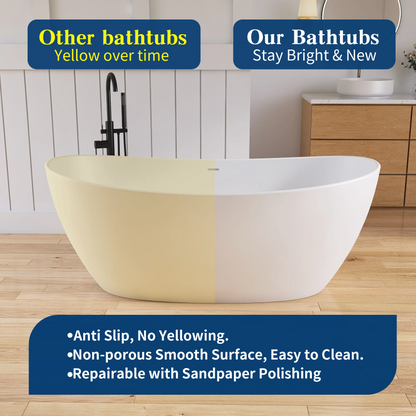 Medunjess 65'' Freestanding Bathtub Solid Surface Deep Soaking Tubs Double Slippers