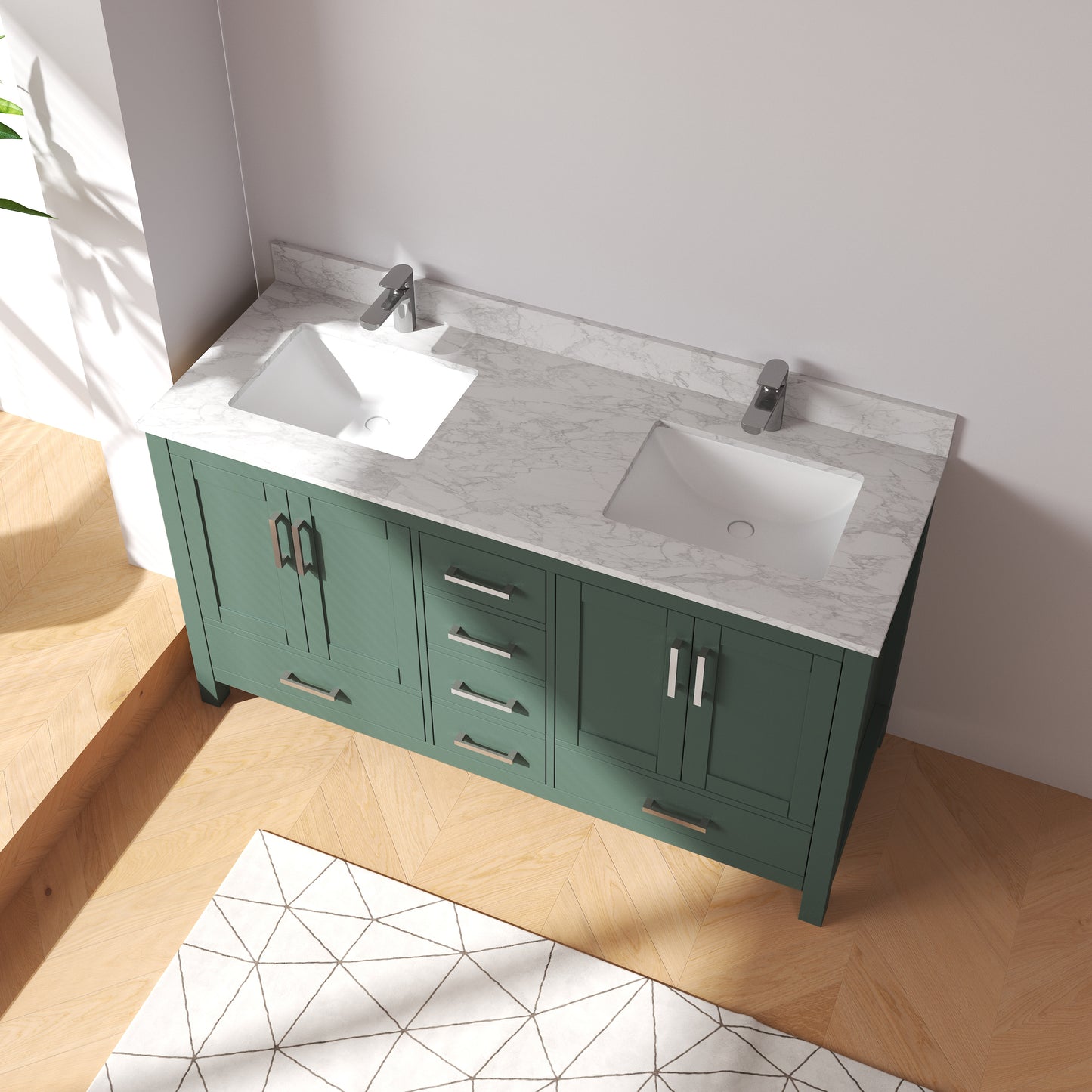 Medunjess 60" Green Wood Double Sink Bathroom Vanity with Quartz Top
