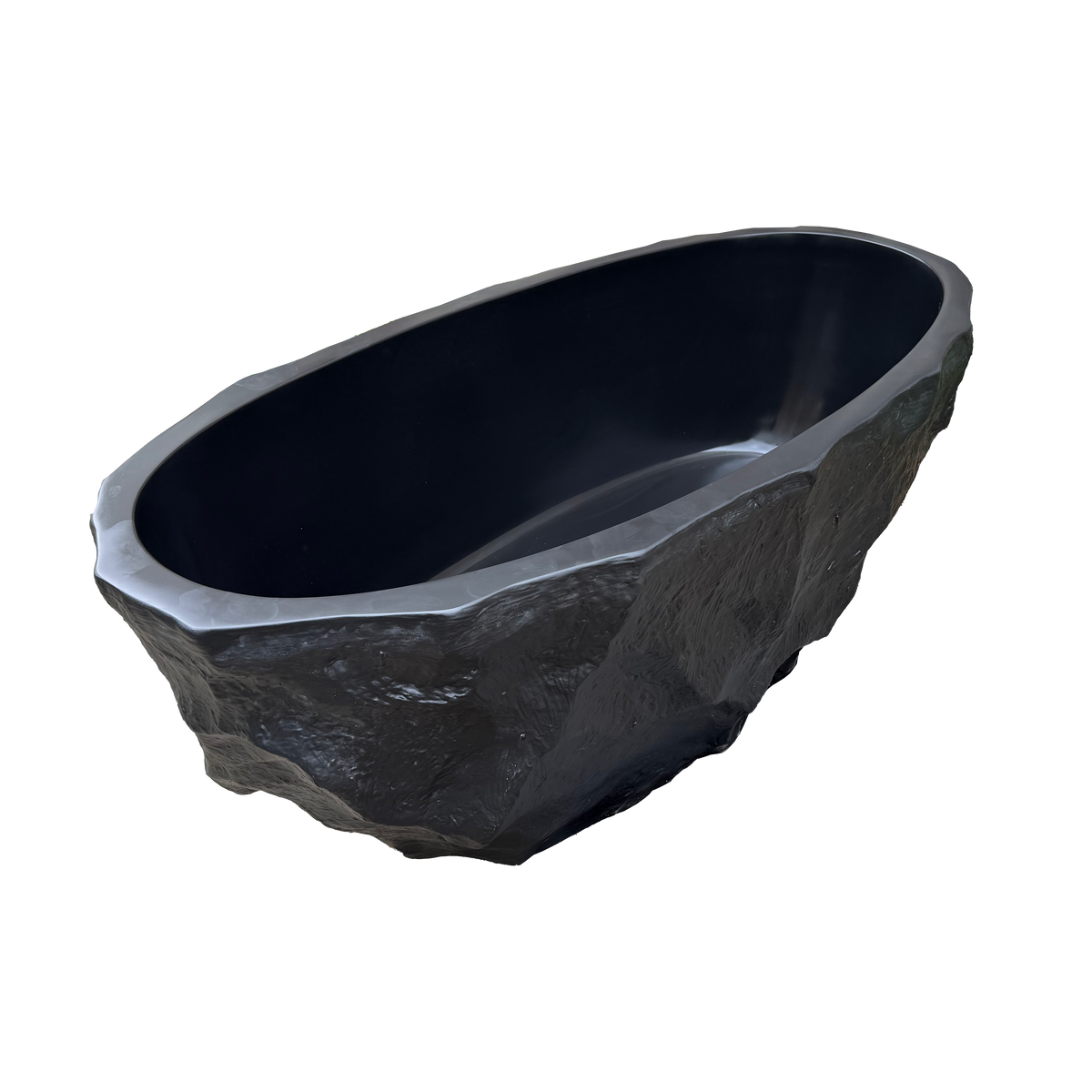 MEDUNJESS 67" Raw-Cut Chiseled Black Rock Solid Surface Freestanding Bathtub