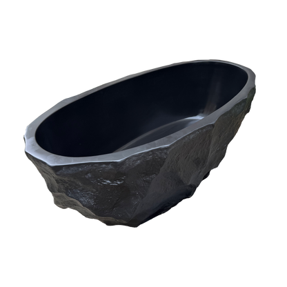 MEDUNJESS 67" Raw-Cut Chiseled Black Rock Solid Surface Freestanding Bathtub