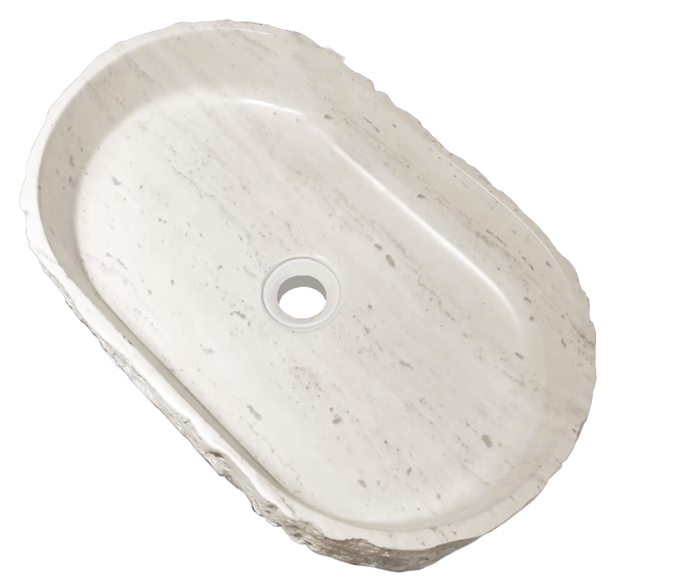 Medunjess 23" Oval Modern Chiseled Rock Face Above-Counter Bathroom Vanity Basin - Off-White Travertine Look