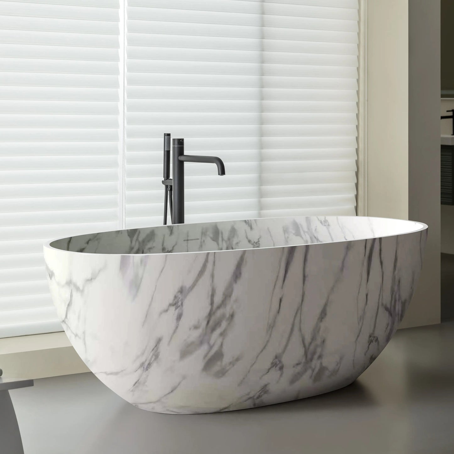 Medunjess 61'' Freestanding Soaking Solid Surface Bathtub,Marbel