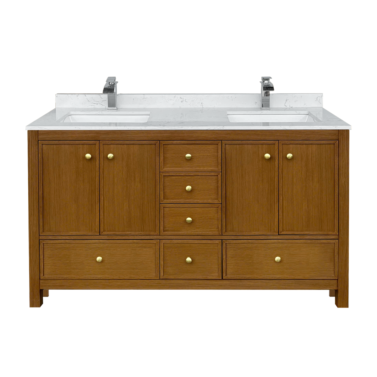 Medunjess 60" Freestanding Double Sink Bathroom Vanity Set with Engineered Stone Countertop & Dual Hardware Options - Natural Oak