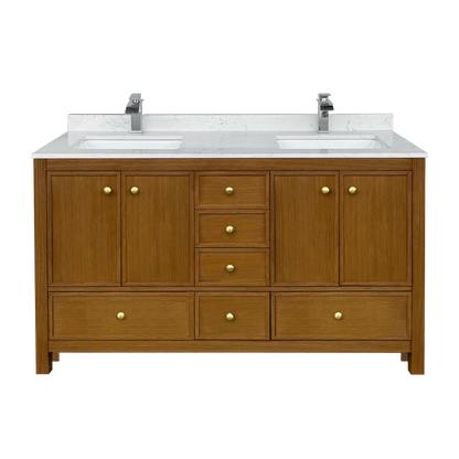 Medunjess 60" Freestanding Double Sink Bathroom Vanity Set with Engineered Stone Countertop & Dual Hardware Options - Natural Oak