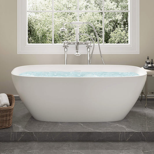 Medunjess 67'' Freestanding Soaking Bathtub Solid Surface Soaking Tubs in Matte White