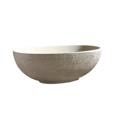 Medunjess 67" Linen Travertine Solid Surface Freestanding Bathtub – Warm Beige Organic Stone Soaking Tub