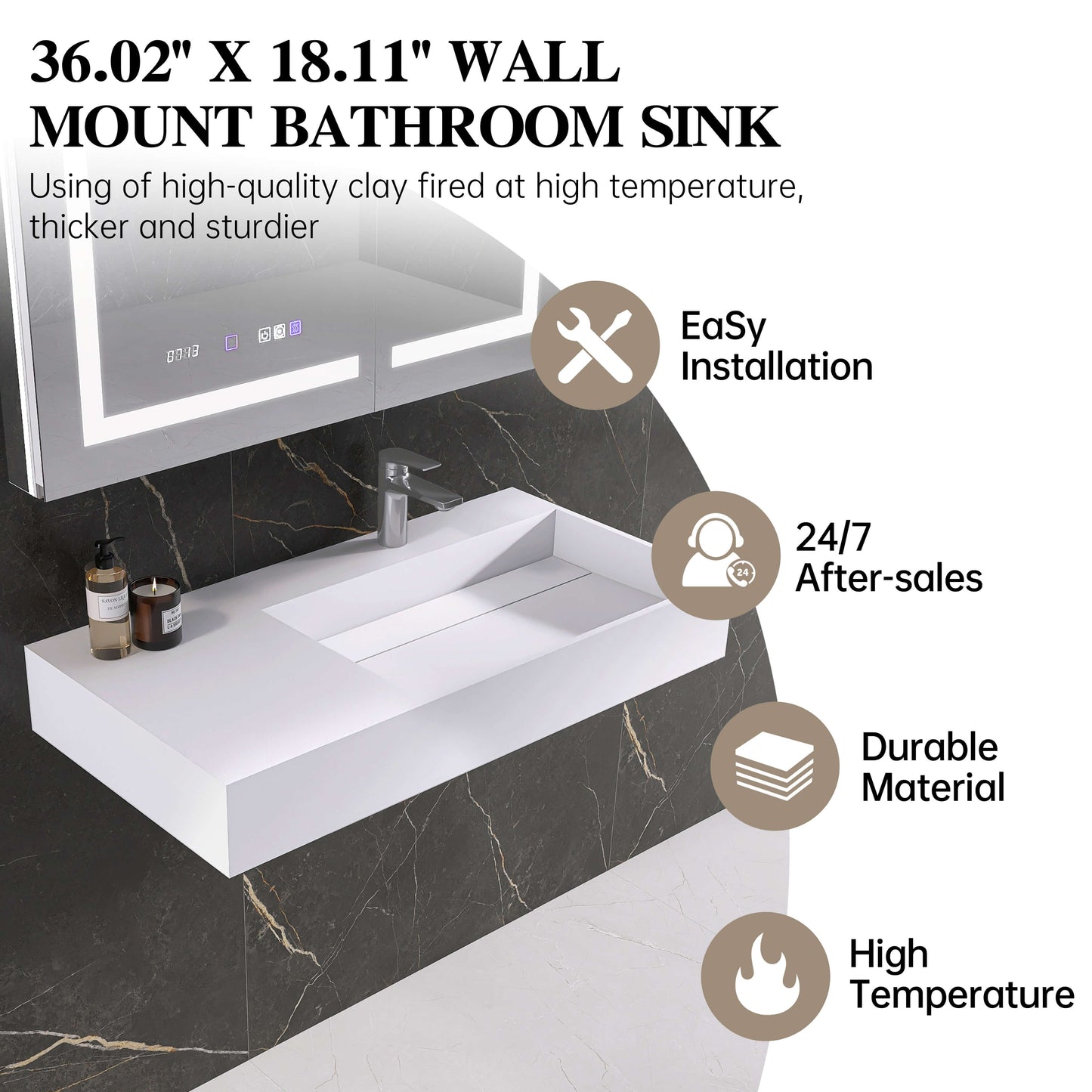 Medunjess 36'' Synclinal Wall Mounted Bathroom Sink Solid Surface Sink