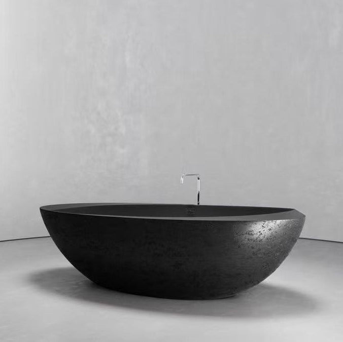 MEDUNJESS 67" Organic Modern Black Travertine Artificial Stone Freestanding Tub