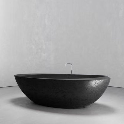 MEDUNJESS 67" Organic Modern Black Travertine Artificial Stone Freestanding Tub
