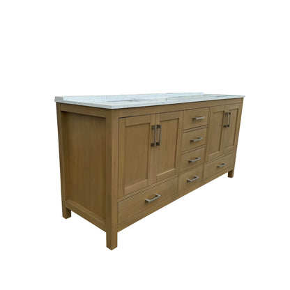 Medunjess 72" Double Sink Rubberwood Vanity with Quartz Top & 6 Drawers
