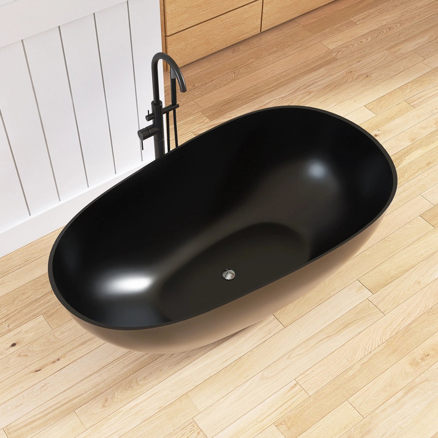 Medunjess 59'' Freestanding Tub Solid Surface Egg Shape Freestanding Soaking Tub,Black