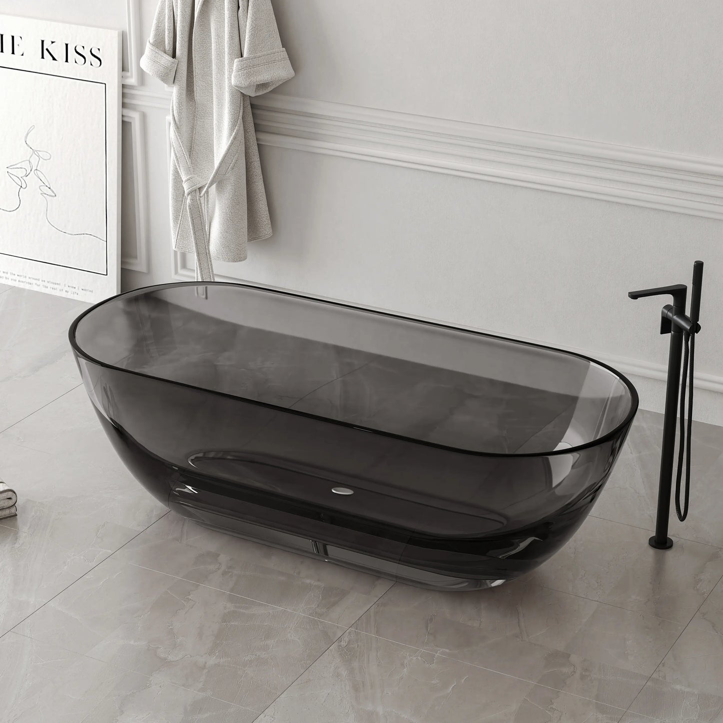 Medunjess 69'' Freestanding Bathtub Solid Surface Stone Resin Soaking Bathtub Transparent
