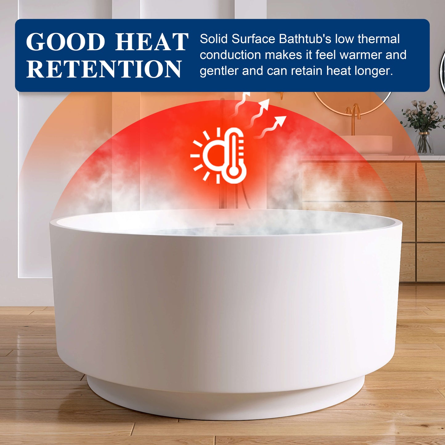 Medunjess 49" Round Solid Surface Freestanding Soaking Tub for Small Bathrooms