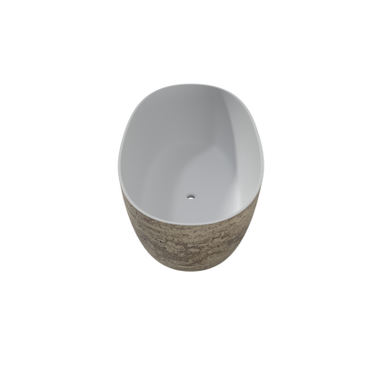 MEDUNJESS 63" Minimalist Travertine Solid Surface Boat-Shaped Freestanding Bathtub
