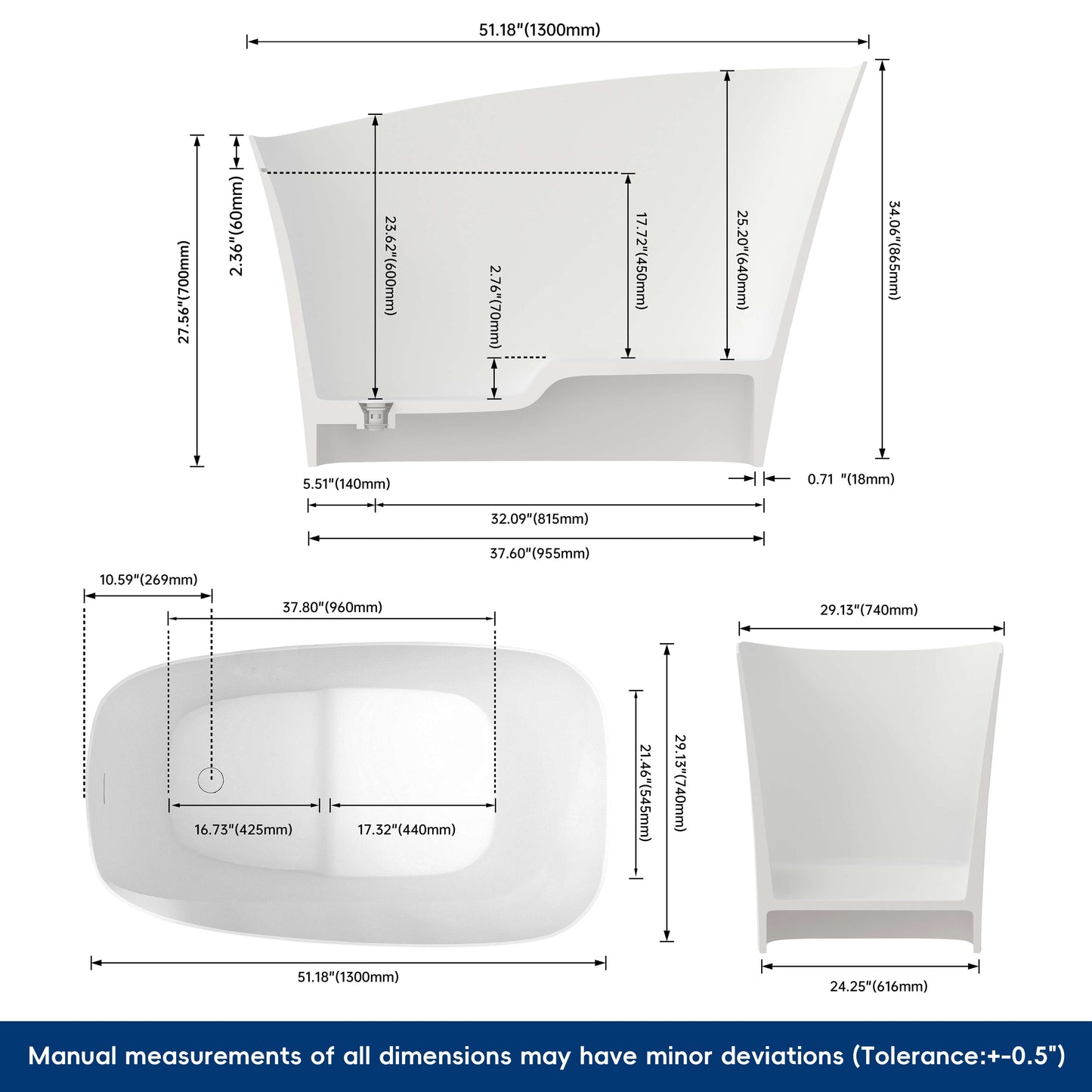 Medunjess 51" Japanese Soaking Tub Freestanding ECO-Friendly