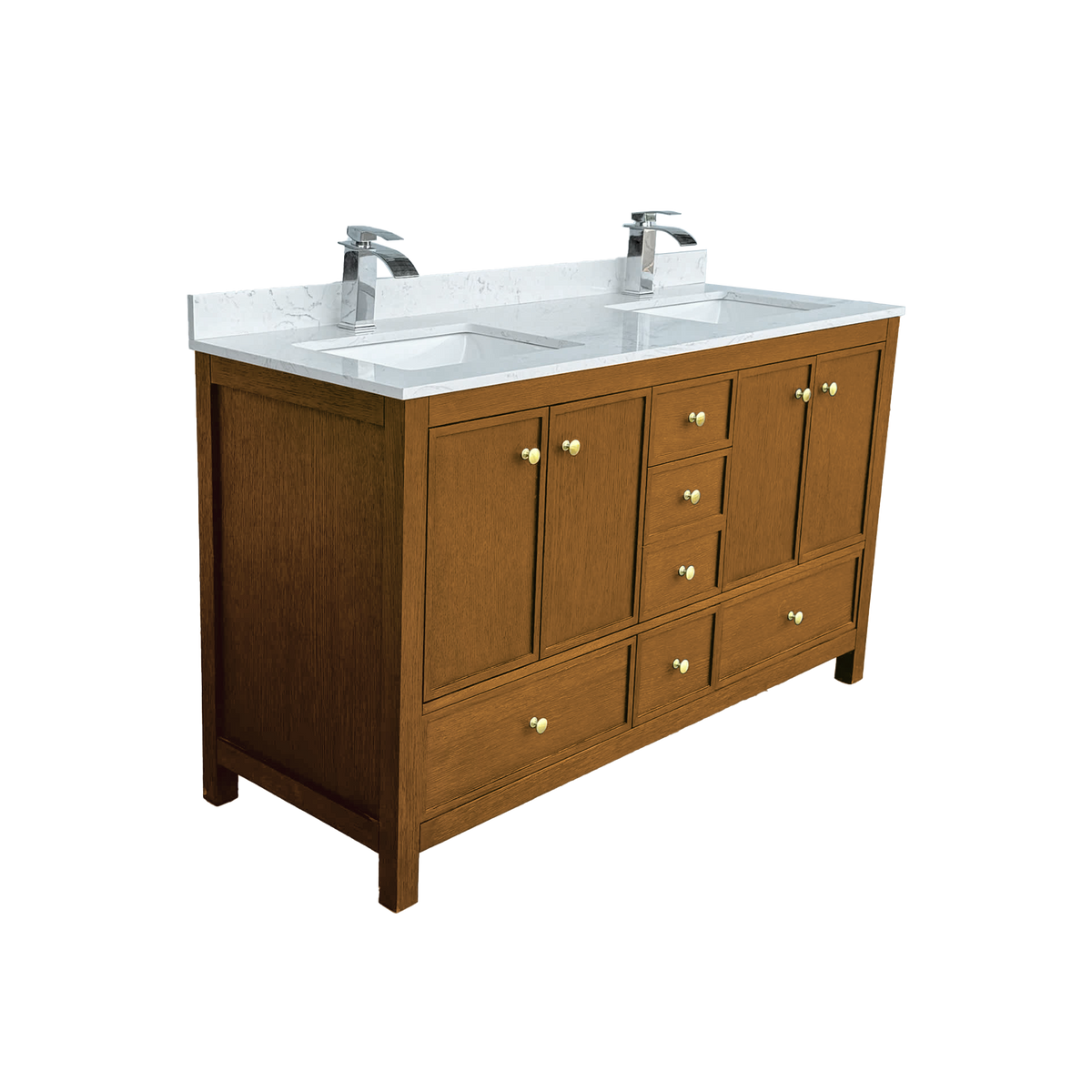 Medunjess 60" Freestanding Double Sink Bathroom Vanity Set with Engineered Stone Countertop & Dual Hardware Options - Natural Oak