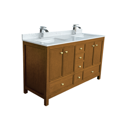 Medunjess 60" Freestanding Double Sink Bathroom Vanity Set with Engineered Stone Countertop & Dual Hardware Options - Natural Oak