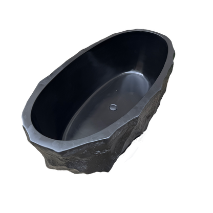 MEDUNJESS 67" Raw-Cut Chiseled Black Rock Solid Surface Freestanding Bathtub