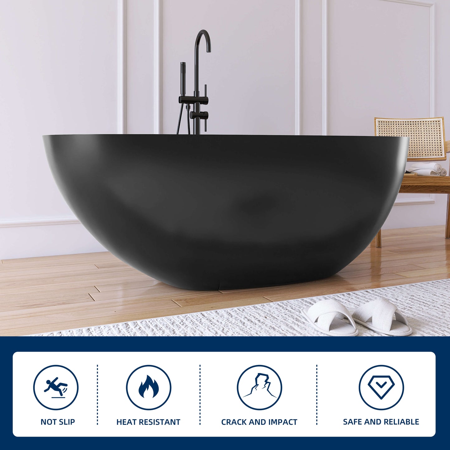 Medunjess 59'' Freestanding Tub Solid Surface Egg Shape Freestanding Soaking Tub,Black