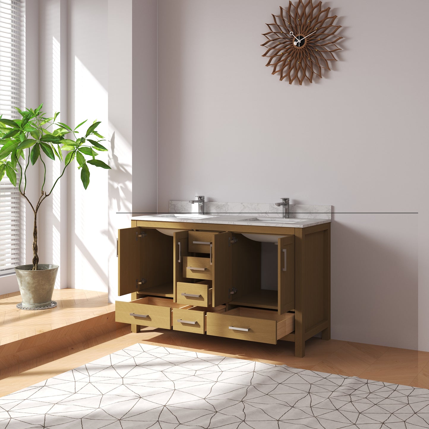 Medunjess 55" Natural Wood Double Sink Vanity with Quartz Top